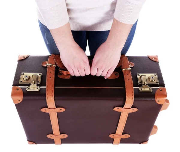 Femme avec valise isolée sur blanc — Photo