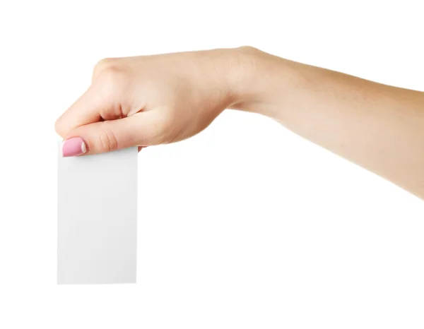 여성의 손을 잡고 카드 흰색 절연 — 스톡 사진
