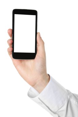 Mobil akıllı telefon üzerinde beyaz izole tutan el
