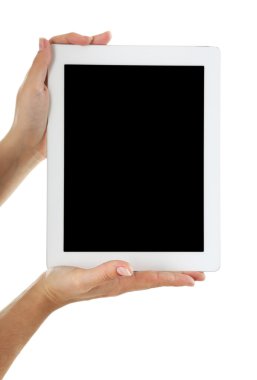 Dijital tablet üzerinde beyaz izole tutan eller