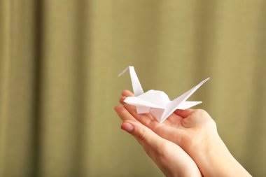 El ile arka plan bulanık üzerinde kağıt vinç