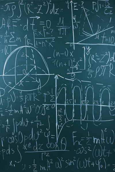 Maths formulas on chalkboard background