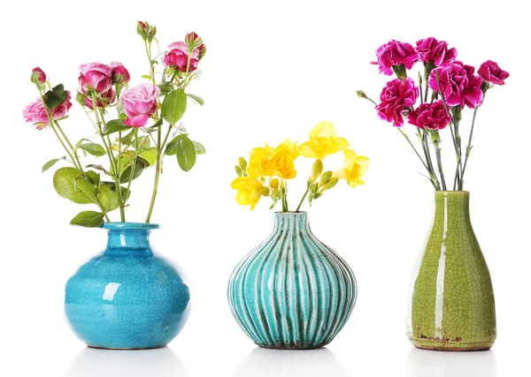 Different beautiful flowers in vases isolated on white — Stock Photo, Image