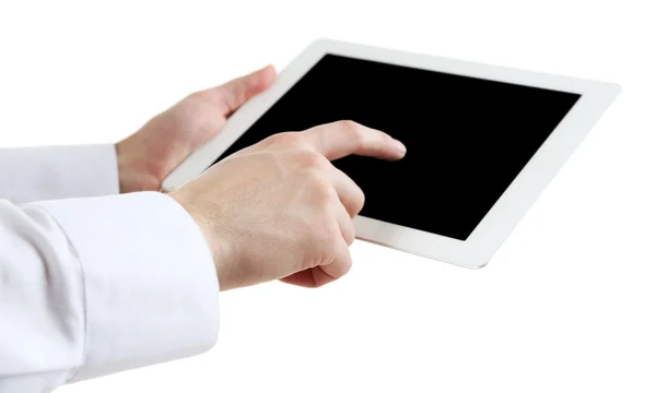 Мужские руки, держащие цифровые таблетки изолированы на белом — стоковое фото