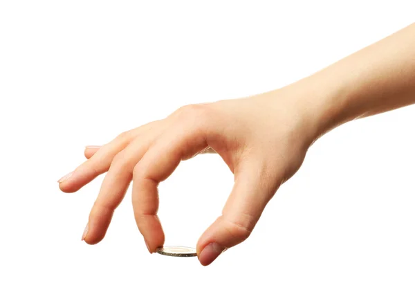 Γυναικείο χέρι με κέρμα απομονωθεί σε λευκό — Φωτογραφία Αρχείου