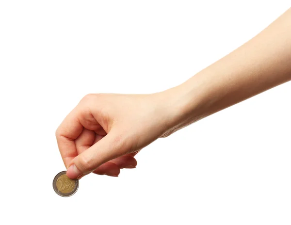 Female hand with coin isolated on white — Stock Photo, Image