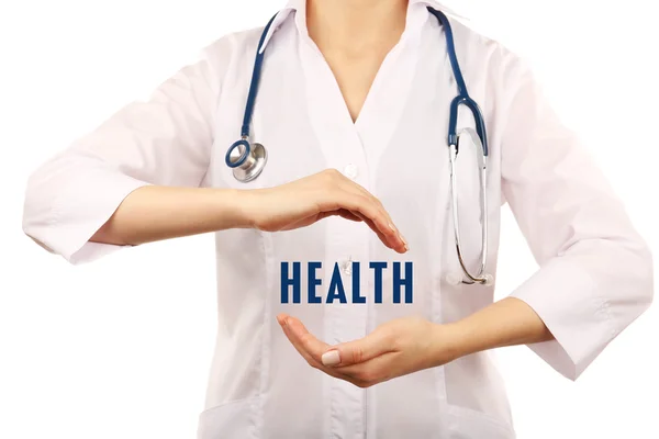 Doctor's handen met woord gezondheid geïsoleerd op wit — Stockfoto