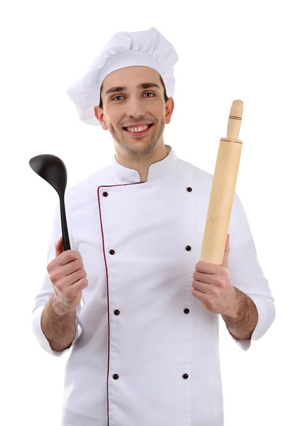 Chef com concha e pino de rolo em mãos isoladas em branco — Fotografia de Stock