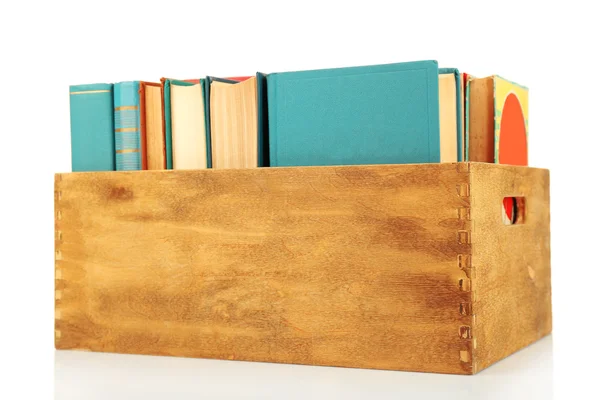 Books in wooden box isolated on white — Stock Photo, Image