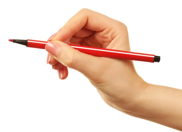Женская рука с ручкой, изолированной на белом — стоковое фото