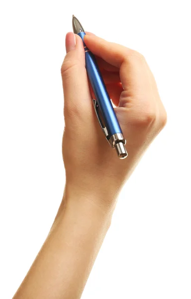 Weibliche Hand mit Stift isoliert auf weiß Stockbild