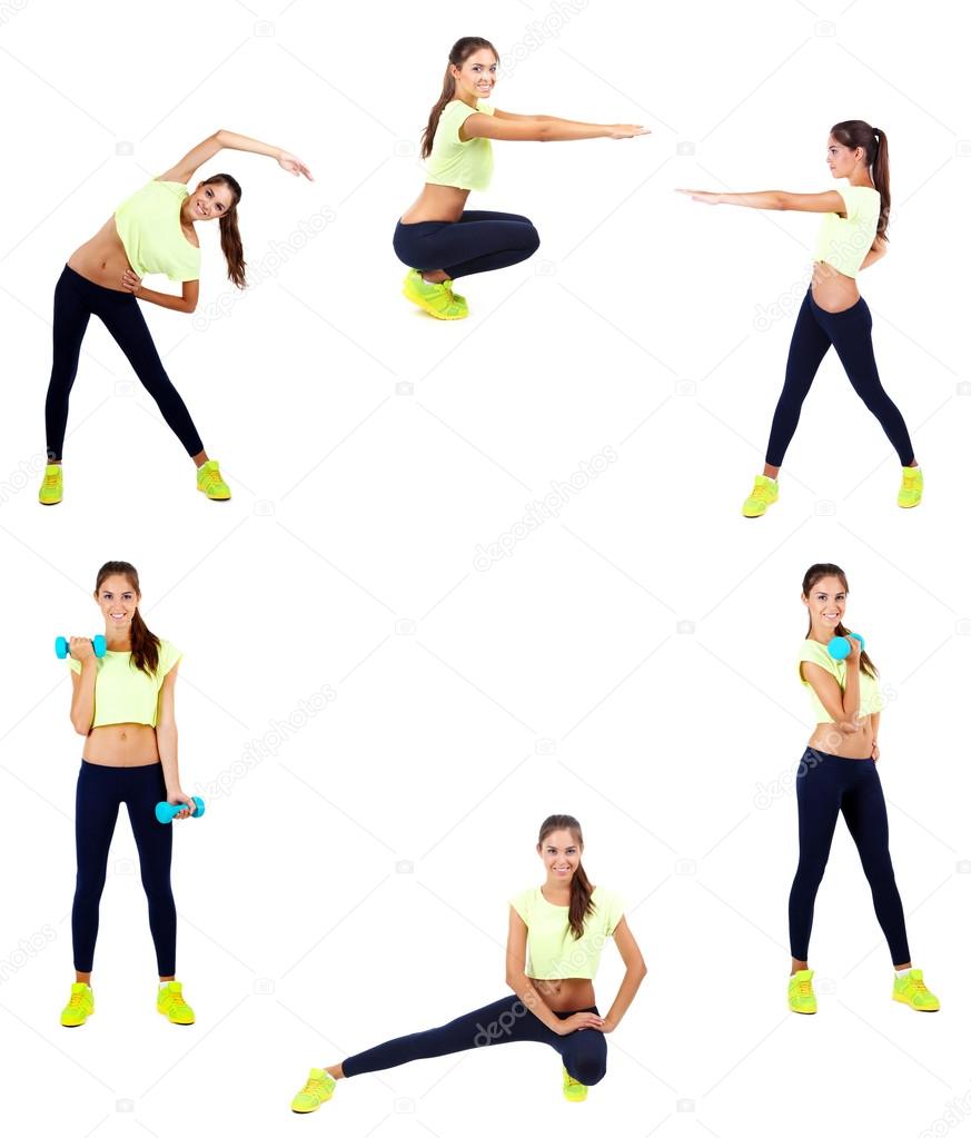 Beautiful young woman doing exercises in collage with space for text