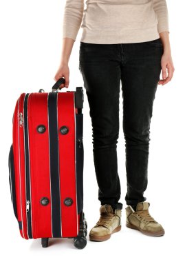 Beyaz izole bavul tutan kadın