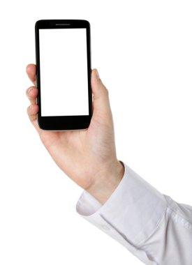 Mobil akıllı telefon üzerinde beyaz izole tutan el