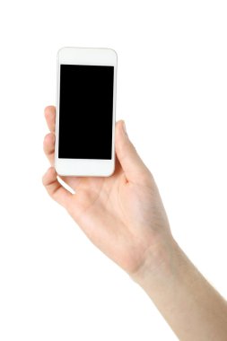 Mobil akıllı telefon üzerinde beyaz izole tutan el