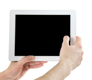 Dijital tablet üzerinde beyaz izole holding erkek eller