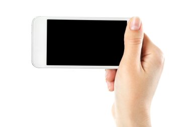 Mobil akıllı telefon üzerinde beyaz izole tutan el