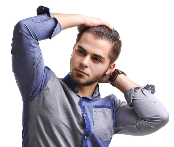 Retrato de hombre en camisa azul aislado en blanco —  Fotos de Stock