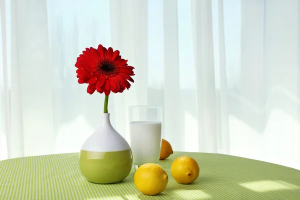 玻璃的牛奶和柠檬上窗帘背景表格颜色非洲菊 — 图库照片