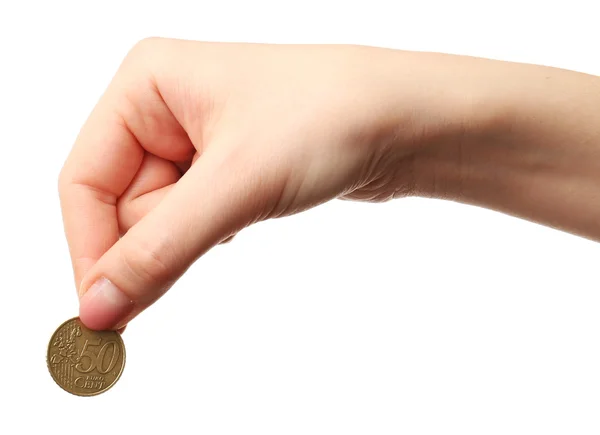 Mano femenina con moneda aislada en blanco — Foto de Stock
