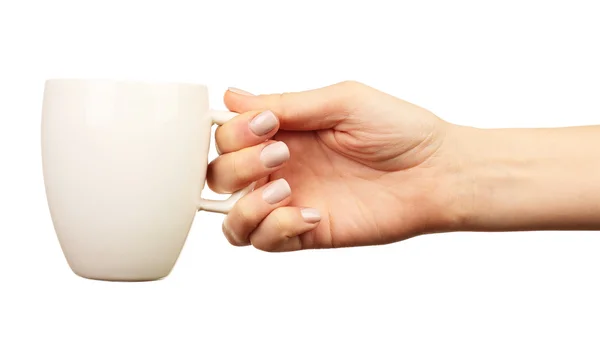 Feminino mão segurando copo isolado no branco — Fotografia de Stock