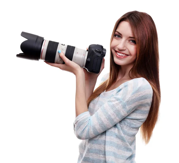 Jovem fotógrafa tirando fotos isoladas em branco — Fotografia de Stock