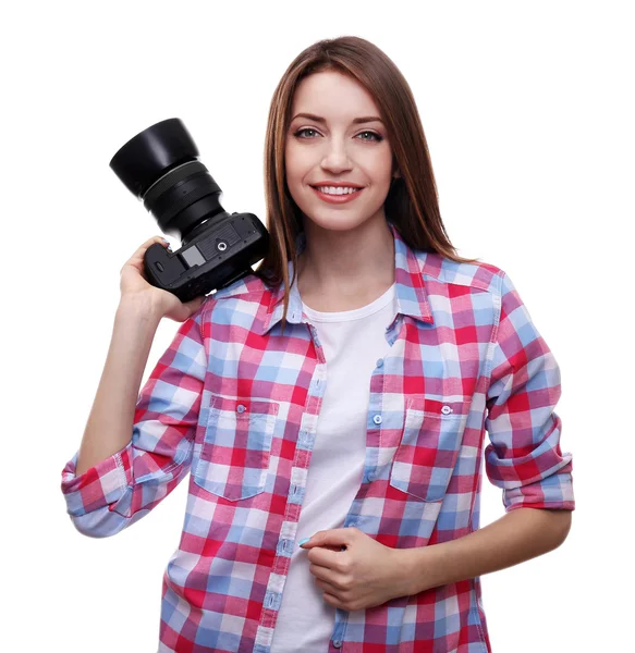 Jonge vrouwelijke fotograaf fotograferen geïsoleerd op wit — Stockfoto