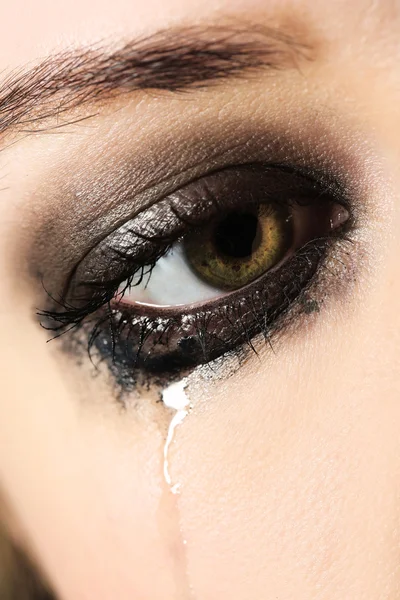 Eye of young woman with tear drop close up — Stock Photo, Image