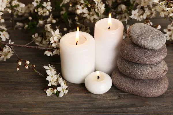 Wellness-Stillleben mit blühenden Zweigen auf Holztisch, Nahaufnahme — Stockfoto