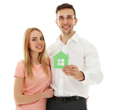 Dekoratif ev, beyaz izole çekici genç Çift