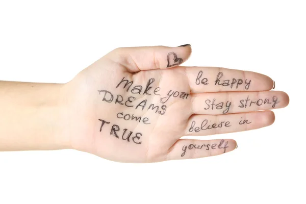 Weibliche Hand mit geschriebener Botschaft isoliert auf weiß — Stockfoto