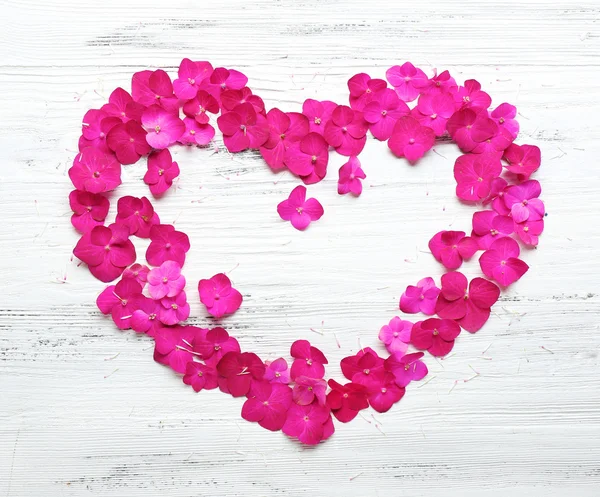 Petals of pink hydrangea in shape of heart on wooden background — Stock Photo, Image