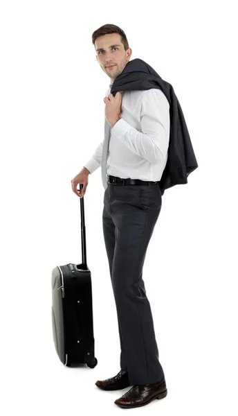 Homem segurando mala isolada em branco — Fotografia de Stock