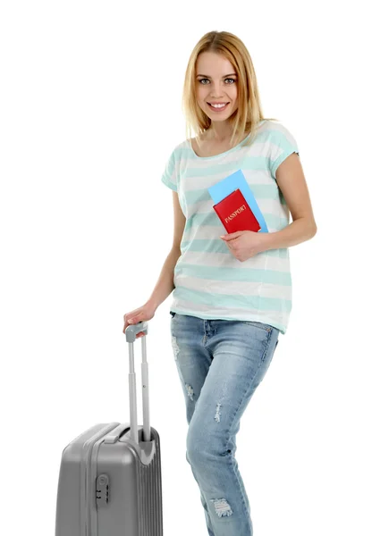 Женщина держит чемодан, изолированный на белом — стоковое фото
