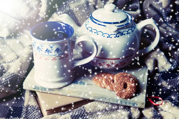 Tasse de thé et théière avec biscuits sur fond plaid — Photo