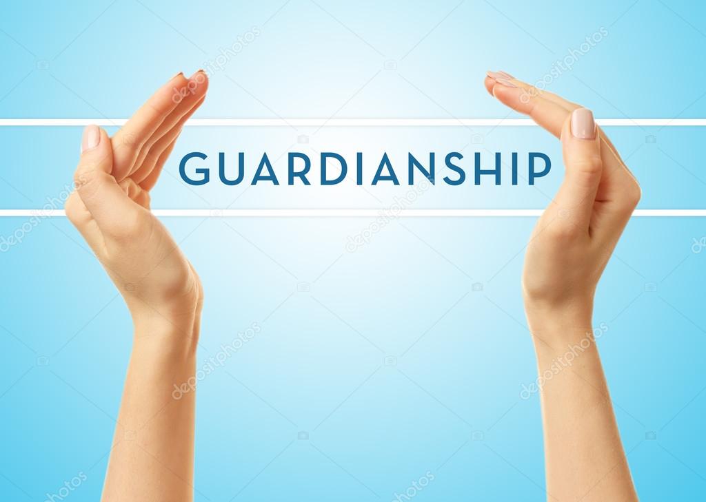 Female hands with word guardianship on blue background