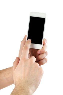 Mobil akıllı telefon üzerinde beyaz izole tutan el