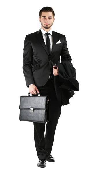 与公文包上白色孤立西装的优雅男人 — 图库照片