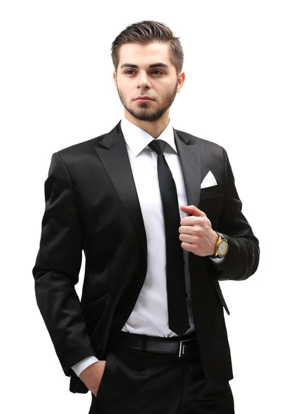 Elegante man in pak geïsoleerd op wit — Stockfoto