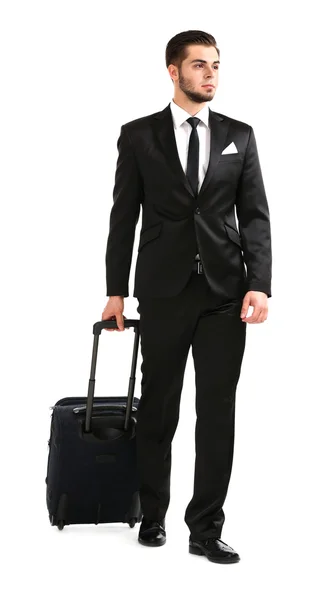 Homem elegante em terno com mala isolada em branco — Fotografia de Stock