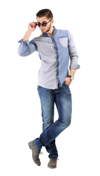 파란색 셔츠와 흰색 절연 청바지 남자 — 스톡 사진