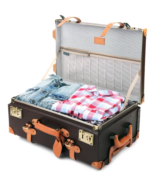 Packing suitcase for trip isolated on white — Stock Photo, Image