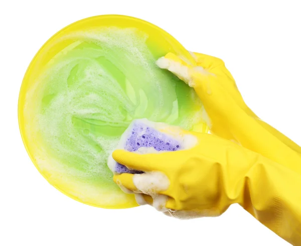 Ženské ruční mytí nádobí izolovaných na bílém — Stock fotografie