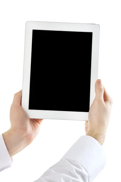 Male hands holding digital tablet isolated on white — Stock Photo, Image