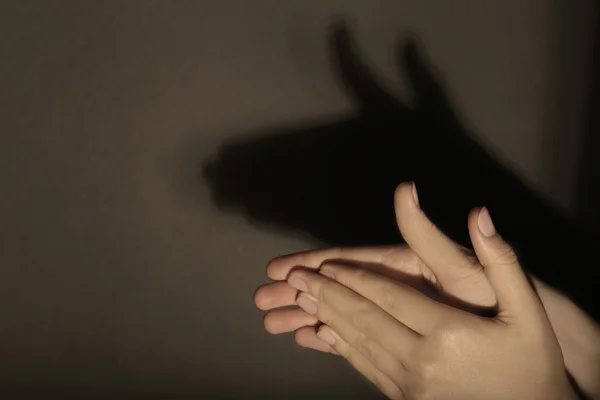 Sombra de mãos femininas formando rosto animal no fundo escuro — Fotografia de Stock