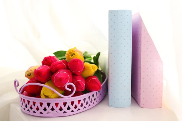 Still life with bouquet of fresh tulips on windowsill background — Stock Photo, Image