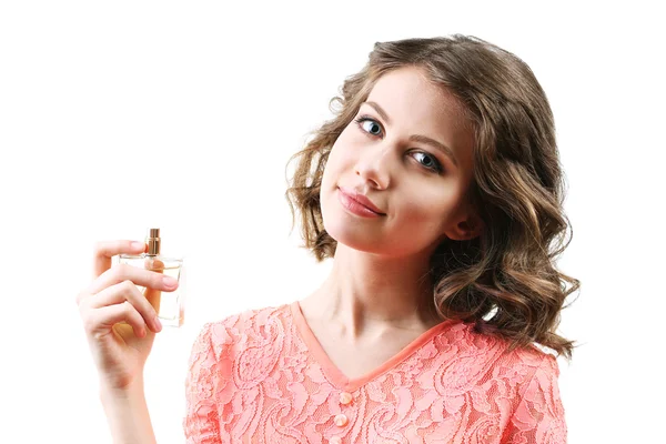 Beautiful woman with perfume bottle isolated on white — Stock Photo, Image