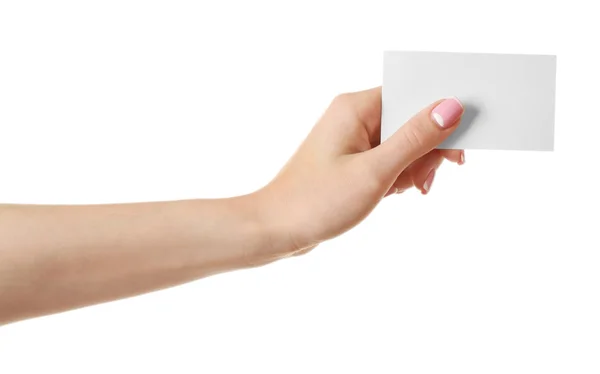 白で隔離カードを持っている女性の手 — ストック写真