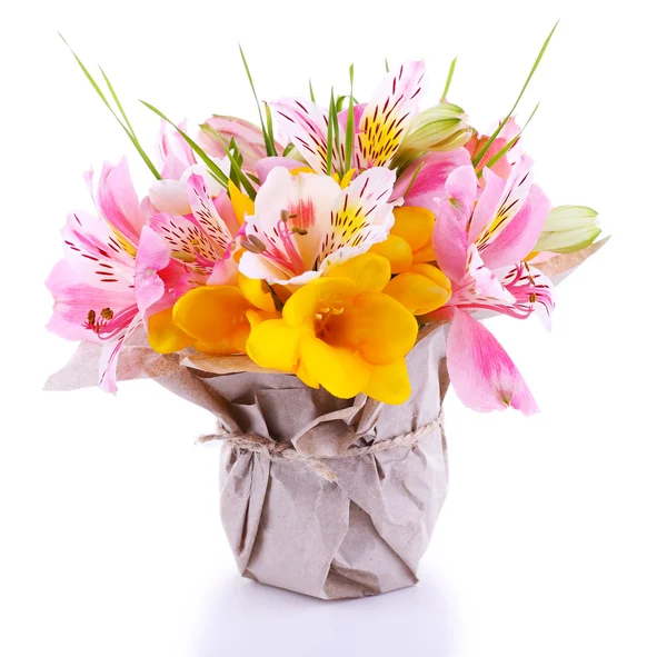 Beautiful flowers in vase isolated on white — Stock Photo, Image