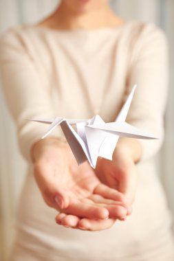 Kağıt vinç ile eller closeup